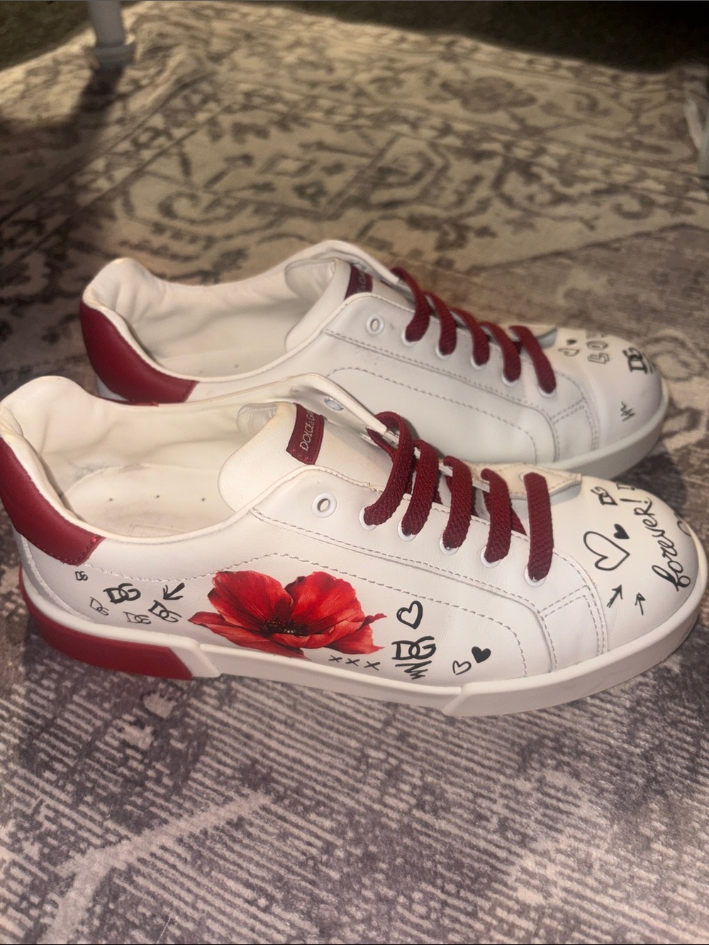 Dolce & Gabbana White Sneakers with Red Floral Accent and Burgundy Laces